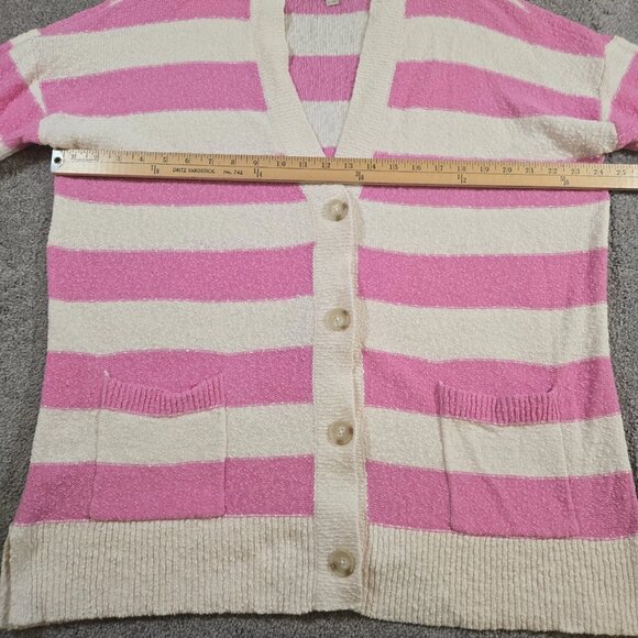 LOFT Pink Striped Women's Relaxed V-Neck Cardigan Size XL Double Pockets - Picture 5 of 8